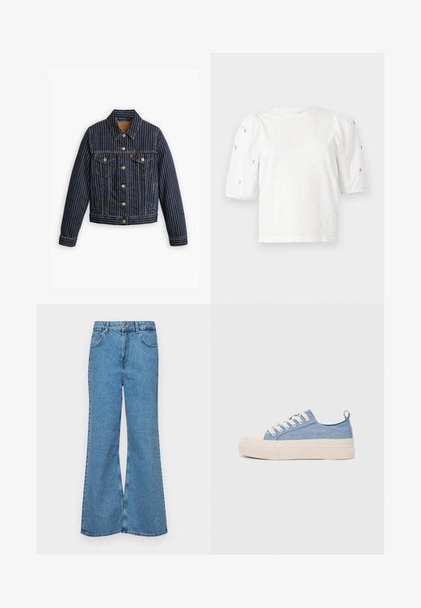 Chaqueta de mezclilla azul con rayas verticales blancas, cierre de botones en la parte delantera, dos bolsillos en el pecho y un cuello. Costuras visibles a lo largo de las costuras.; Camiseta de algodón blanca con mangas cortas tipo globo, que presenta pequeños adornos plateados en las mangas. Cuello redondo clásico, corte holgado.; Jeans acampanados de color azul claro hechos de denim, con una cintura alta, cinco bolsillos y un cierre de botón. Textura suave con acabado desgastado.; Zapatillas de lona azul claro con una puntera y suela de goma crema, que cuentan con cordones blancos y una lengüeta en el talón.
