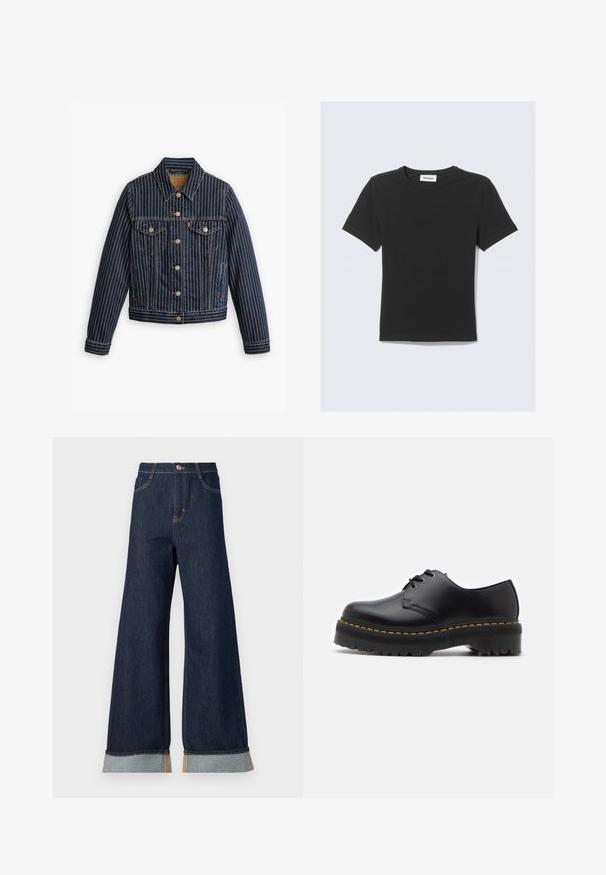 Modrá denimová bunda s bielymi vertikálnymi pruhmi, zapínanie na gombíky, dve náprsné vrecká a golier. Viditeľné švy pozdĺž švov.; Čierne tričko s krátkym rukávom z jemnej bavlny, s okrúhlym výstrihom a klasickým strihom, bez viditeľných vzorov alebo zdobení.; Džíny s širokými nohavicami z tmavého denimu s oranžovým prešívaním, s vysokým pásom, dvoma prednými vreckami a zrolovanými manžetami odhaľujúcimi svetlomodrú kontrastnú látku.; Čierne kožené šnurovacie topánky s okrúhlou špičkou, hrubou čiernou gumovou podrážkou a žltým prešívaním pozdĺž okraja. Vyznačujú sa hladkým povrchom a robustnou konštrukciou.