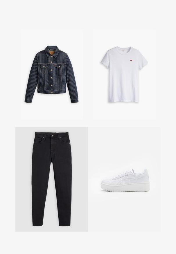 Sininen farkkutakki, jossa on valkoisia pystysuoria raitoja, napitus edessä, kaksi rintataskua ja kaulus. Ompeleet näkyvät saumoissa.; Valkoinen puuvillapaita lyhyillä hihoilla ja pyöreällä kaula-aukolla. Vasemmassa rinnassa on pieni punainen Levi's-logo.; Mustat slim-fit-farkut, joissa on nappi- ja vetoketjukiinnitys, viisi taskua ja vyölenkit vaaleanharmaalla taustalla.; Valkoiset platofom-nikeet, joissa on sileä nahkapinta, reikiin leikattu yksityiskohta ja litteät nauhat; paksu valkoinen kumipohja.