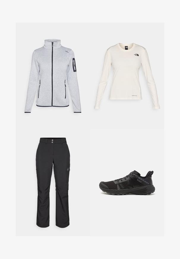 Lichtgrijze fleece jas met een hoge kraag, voorgesloten rits, twee zijzakken en een ritszak op de linkerarm. Zwarte accenten.; The North Face SHADOW LONG SLEEVE - Longsleeve - white dune; Zwarte outdoor pants met een rechte snit, voorzien van een knoopsluiting, ritszakken aan de zijkant en een logo-label op de linker bovenbeen.; Zwarte hardloopschoen met een gestructureerde mesh bovenkant, versterkte neus en rubberen zool. Voorzien van een vetersysteem en logodetail aan de zijkant.