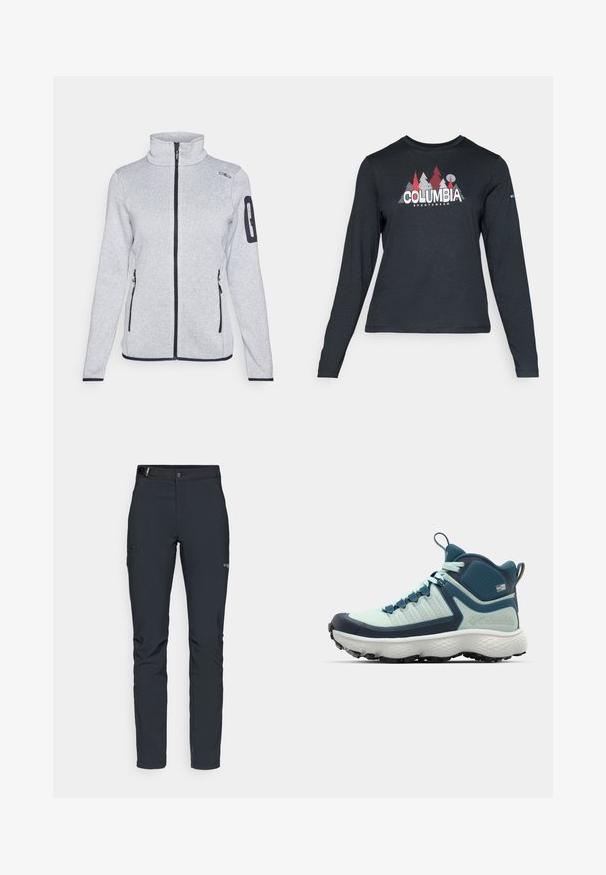 Šviesiai pilkas fliso džemperis su aukštu apykakle, priekiniais užtrauktukais, dviem šoninėmis kišenėmis ir užtrauktukiniu kišeniu ant kairiojo rankovės. Juoduliai akcentai.; Ilga rankovė tamsiai pilka marškinėliai su raudonų medžių ir kalnų grafika; drąsaus baltos spalvos teksto "COLUMBIA" logotipas. Minkšta medžiaga, standartinis apvalus kaklas.; Vyrų lauko kelnės, tamsiai pilkos, pagamintos iš elastingos medžiagos, su diržu, užtrauktukais užtraukiamomis kišenėmis ir sustiprinta siūle.; Vyrų žygio batai šviesiai melsvos ir tamsiai mėlynos spalvų. Yra tekstūruotas viršus, formuotas gumos pirštų dangtelis ir agresyvi išorinė dalis geresniam sukibimui.