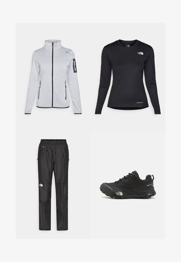 Vaaleanharmaa fleece-takki, jossa on korkea kaulus, etuvetoketju, kaksi sivutaskua ja vetoketjullinen tasku vasemmassa hihassa. Mustat yksityiskohdat.; The North Face SHADOW LONG SLEEVE - Pitkähihainen paita - black; Mustat vettä hylkivät housut kevyestä kankaasta, joissa on joustava vyötärö, sivutaskut ja logo vasemmassa lahkeessa.; Musta vaelluskengä, jossa on teksturoitu päällinen, nauhakiinnitys ja paksu kumipohja, jossa on näkyvä logo sivulla ja kavennuskuviointi.