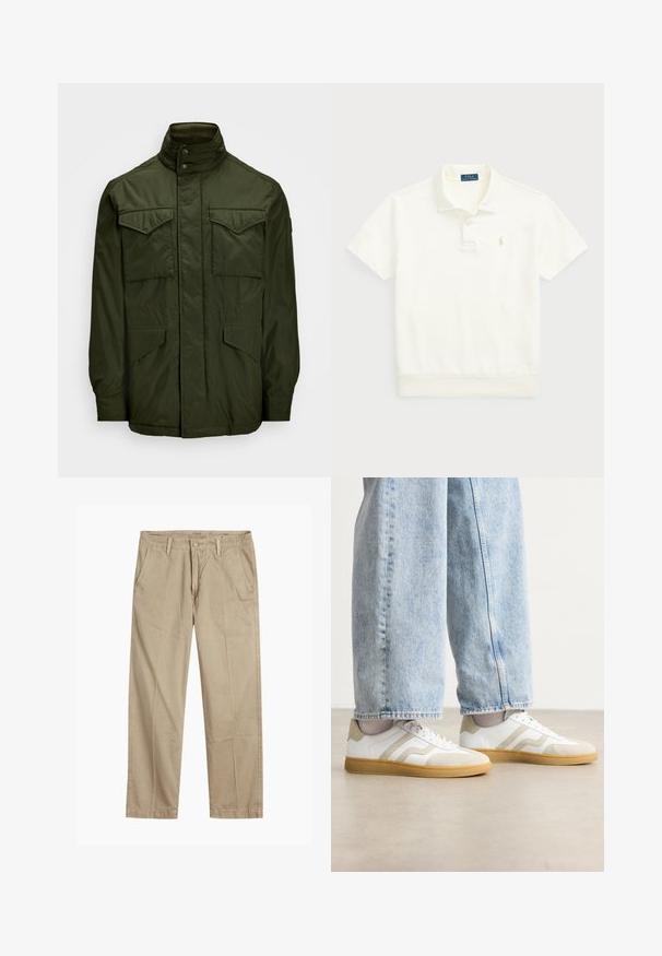 Olive green, long sleeve jacket with a high collar, featuring two chest pockets and two side pockets; made from smooth, lightweight material.; Polo Ralph Lauren LOOPBACK FLEECE POLO-COLLAR SWEATSHIRT - Polo shirt - clubhouse cream; Beige straight-leg chinos with belt loops, front button and zipper closure, and slant front pockets.; White sneakers with beige suede accents and light rubber soles; features a low-top design and textured detailing on the upper.