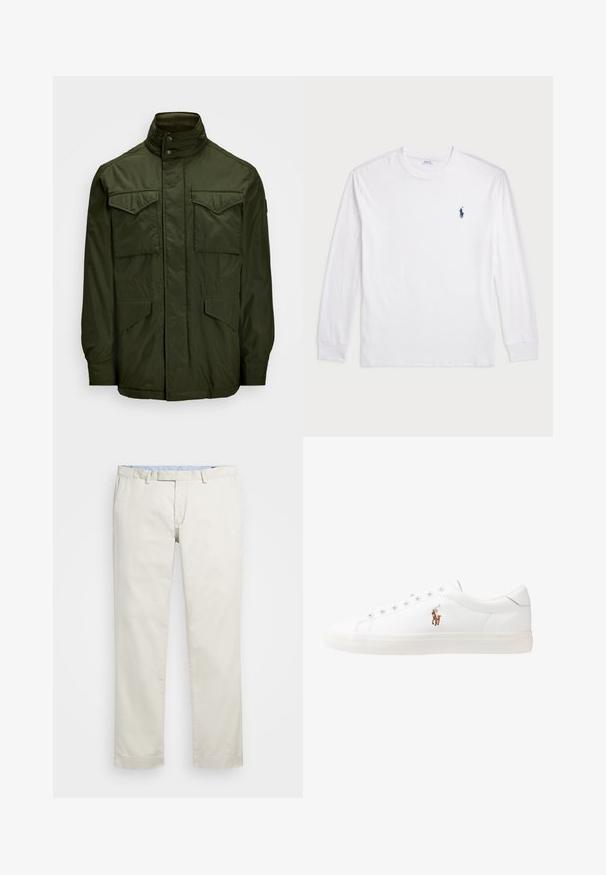 Olive green, long sleeve jacket with a high collar, featuring two chest pockets and two side pockets; made from smooth, lightweight material.; White long-sleeve T-shirt made of cotton. Features a round neckline, ribbed cuffs, and a small navy blue polo logo on the left chest.; Beige cotton chinos with a flat front, belt loops, and side pockets. Straight-leg design with a smooth texture and a light, breathable feel.; White leather sneakers, low-top design, featuring a smooth texture, round toe, laced front, and a small embroidered logo on the side.