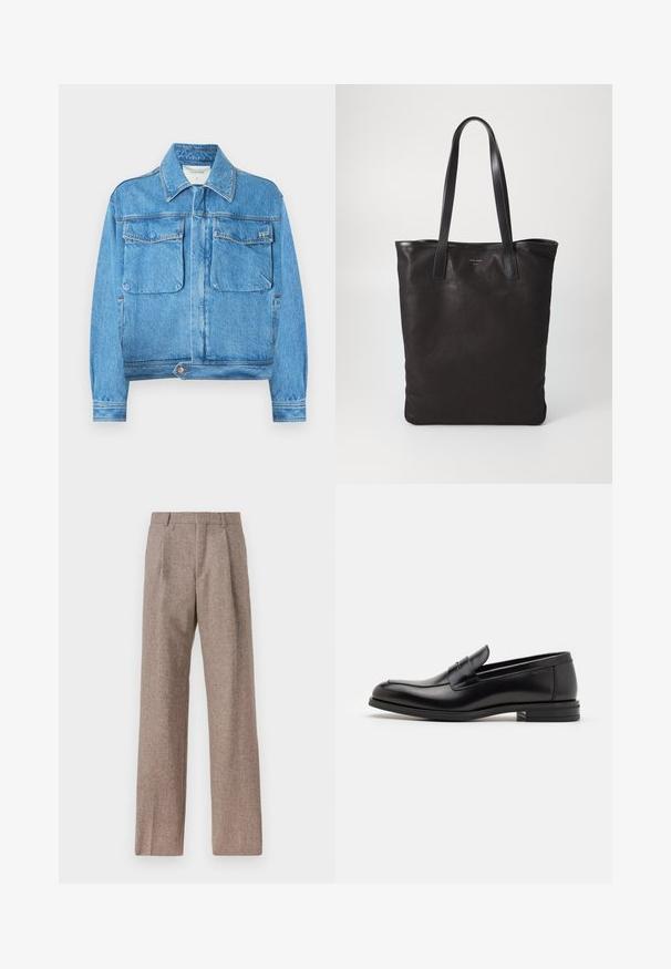 Blå jeansjacka med krage, långa ärmar, två framfickor och knappstängning längst ner. Mjuk textur och klassisk design.; Vit långärmad skjorta med knappar, tillverkad av bomull, med en bröstficka med ton-i-ton broderi, krage och knappmanchetter.; Bruna, högmidjade byxor i texturerat tyg. Har vida ben och två framvikningar för struktur. Välavslutad utan synlig hårdvara.; Svarta läderloafers med en slät yta, rund tå och ett dekorativt band över främre delen. Låg staplad klack, minimalistisk design.; Svart canvas toteväska med svarta läderhandtag. Enkel design, rymlig kropp och en slät textur. Inga synliga logotyper eller mönster.