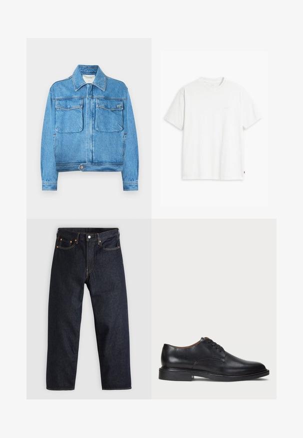 Sinine teksajope, millel on kraega kaelus, pikad varrukad, kaks esimest taskut ja allosas nööpidega kinnine. Sile tekstuur ja klassikaline disain.; Valge puuvillane t-särk lühikeste varrukatega, ümmargune kaelus ja peene Levi'si logo trükituna keskel. Pehme tekstuur ja standardne istuvus.; Tumedad sinised teksad sirge lõikega, viie taskuga, kontrastsete oranžide õmblustega ja nööpide kinnitusega. Ilma nähtavate mustrite või kaunistusteta.; Must musta kleitjalats ümarate varvastega, paeltega disain ja madal virnastatud konts. Sile tekstuur minimaalsete õmblustega.