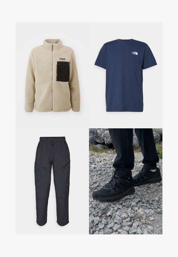 Giacca di pile cream con colletto alto, zip frontale e una tasca con zip nera sul lato sinistro del petto. Tessuto morbido e vestibilità comoda.; T-shirt in cotone blu navy con maniche corte e scollatura a girocollo. Presenta un piccolo logo bianco sul lato sinistro del petto. Tessuto liscio.; Pantaloni cargo neri realizzati in un materiale leggero e resistente all'acqua; presentano una vita elastica, diverse tasche con zip e gambe affusolate.; Scarpe da esterni nere realizzate in mesh e materiale sintetico, con una parte superiore testurizzata, un sistema di allacciatura sicuro e una suola robusta, su terreno roccioso.