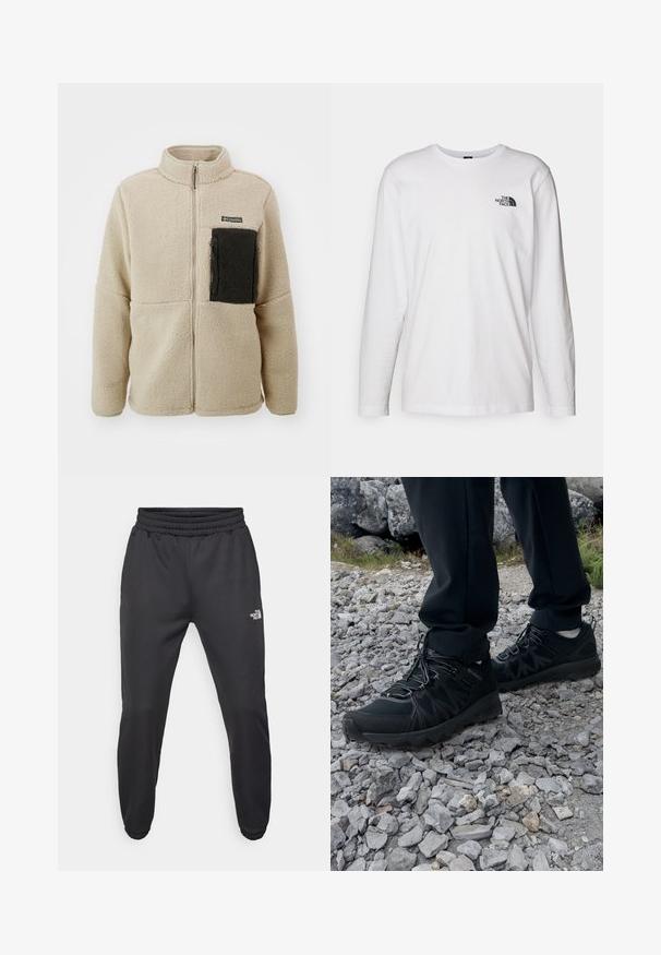 Giacca di pile cream con colletto alto, zip frontale e una tasca con zip nera sul lato sinistro del petto. Tessuto morbido e vestibilità comoda.; T-shirt bianco a maniche lunghe in cotone con colletto rotondo. Presenta un piccolo logo nero sul petto. Texture liscia, vestibilità regolare.; Pantaloni sportivi neri con vita regolabile tramitecordino, vestibilità affusolata, polsini elasticizzati e un piccolo logo bianco sulla coscia sinistra, realizzati in tessuto morbido.; Scarpe da esterni nere realizzate in mesh e materiale sintetico, con una parte superiore testurizzata, un sistema di allacciatura sicuro e una suola robusta, su terreno roccioso.