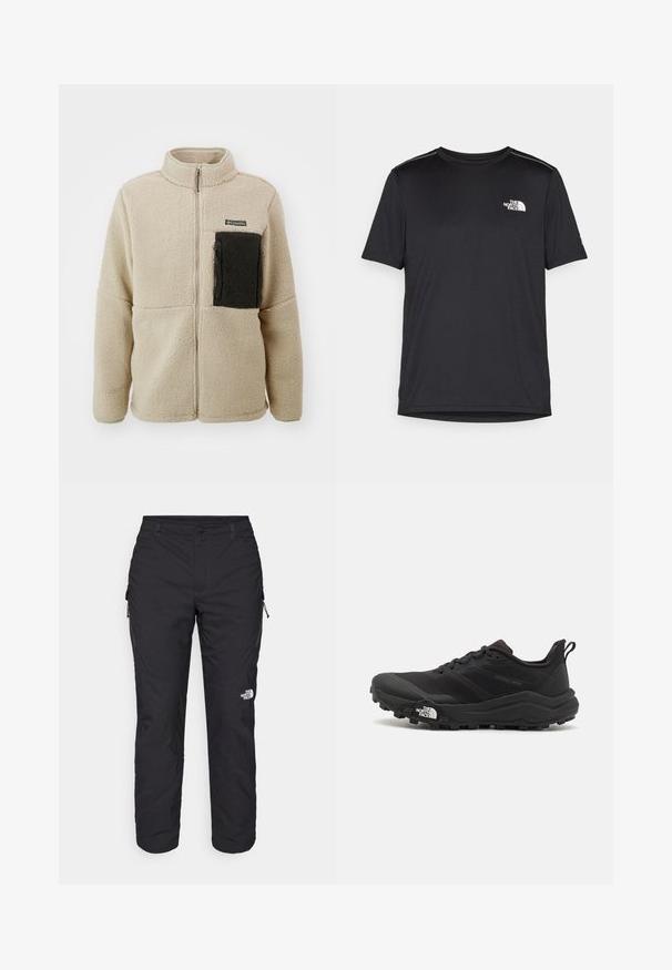 Kremfarget fleecejakke med høy krage, glidelås foran, og en svart glidelåslomme på venstre bryst. Myk tekstur og avslappet passform.; Svart kortermet T-skjorte laget av lett materiale. Har en liten hvit logo på venstre bryst og subtile skulderdetaljer.; The North Face WINTER EXPLORATION TAPERED CARGO - Friluftsbukser - black; Svart terrengløpesko med teksturert overdel, gummisåle og forsterket tåhette. Har polstret krage og løftestropp for enkel påkledning.
