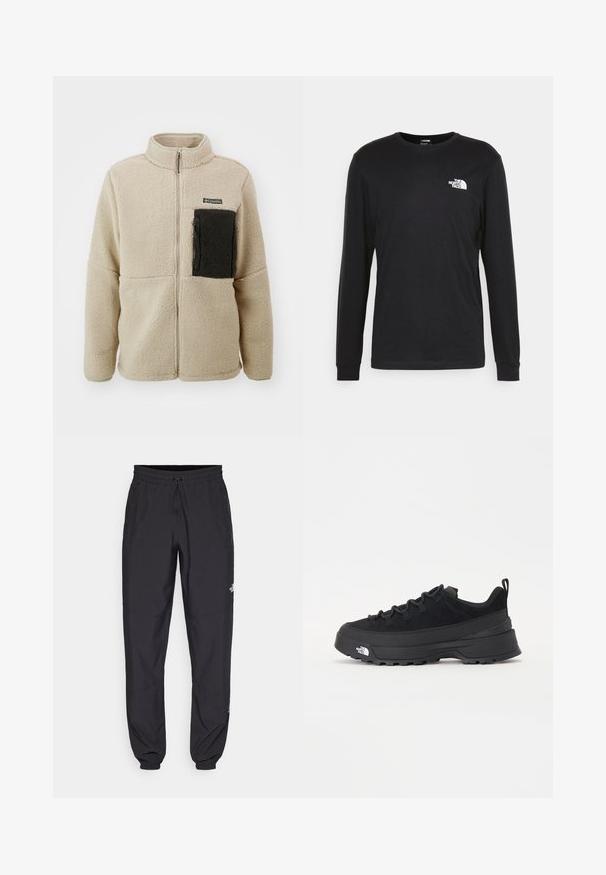 Krämfärgad fleecejacka med hög krage, framzipper och en svart zippered ficka på vänster bröst. Mjuk textur och avslappnad passform.; Svart långärmad t-shirt i bomull med en vit logotyp på vänster bröst och ribbade ärmslut. Slät textur med rundad halsringning.; Svarta träningsbyxor tillverkade av lättviktsmaterial, med dragsko i midjan, sidofickor och avsmalnande muddar vid anklarna.; Svart utomhussko med ovandel i mocka, texturerad gummisula och robust snörningssystem. Har en förstärkt häl och varumärkeslogotyp på sidan.