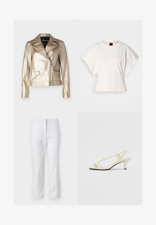 Kuldne metallik faux nahast mootorratturi jakk, millel on ebaühtlane lukk, sälkede korv ja mitmed lukuga taskud. Sujuv tekstuur ja liibuv disain.; Valge lühikeste laiadte varrukatega lühike T-särk, pehme puuvillane materjal, ümar kaelus kergelt oranži ääristusega, minimaalne disain, ilma mustrite ja graafikateta.; Valged puuvillased püksid sirge lõikega, keskmise kõrgusega vöökoht ja ilma nähtavate detailide või mustriteta. Ühtlane sile tekstuur.; Beez blok-kandadesed õhukeste rihmadega ja ruudukujulise varbaga. Sile materjal minimaalsete detailidega, kujundatud mugavaks kandmiseks.