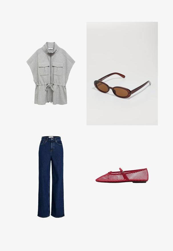 Siva zip-up jakna s visokim ovratnikom, kratkim rukavima, dva prednja džepa i naglašenim strukom. Mekani, teksturirani materijal.; Crvena majica s omotom od mekog materijala, s visokim ovratnikom, dva prednja džepa, remenom i ležernim krojem.; Visokopresječene tamnoplave traperice širokih nogavica, s prednjim dugmetom i dizajnom s pet džepova.; Crvene mrežaste balerinke s izrezanim vrhom, s tankom trakicom i detaljem kopče. Gornji dio ima otvoreni uzorak u obliku saća.; Okvir okruglih, smeđkastih sunčanih naočala s sjajnim burgundskim okvirom. Uski nositelji s suptilnim brendiranjem. Ravna leća.