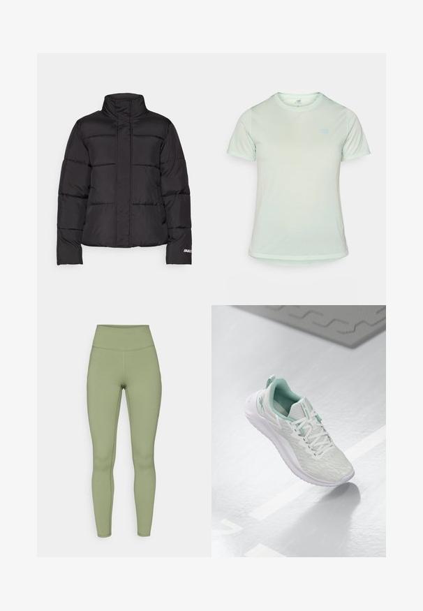 Melnā pūkaina jakas ar augstu apkakli, šuvēm, divām priekšējām kabatām un baltu logotipa akcentu uz piedurknes.; Gaiši zaļa, īsām piedurknēm sporta krekls ar struktūrētu sietu un noapaļotu dekoltē; uzšūta maza zila New Balance logo.; Augstās jostasvietas legingi olīvu zaļā krāsā. Izgatavoti no elastīga auduma ar gludu tekstūru, ar šuvēm pa kājām.; Gaišpelēka sporta apava ar teksturētu trikotāžas augšu, mentolzaļiem akcentiem, baltām šņorēm, gumijas zoli un cilpu uz papēža.