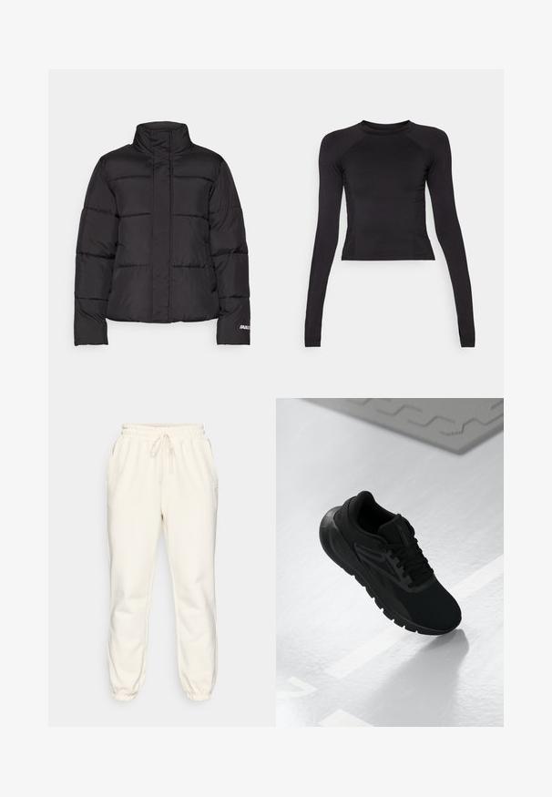 Black puffer jacket featuring a high collar, stitched panels, two front pockets, and a white logo accent on the sleeve.; Black long-sleeve crop top made of stretchy fabric, featuring a round neckline and raglan sleeves with subtle seam detailing.; Cream-colored sweatpants made of soft fabric, featuring an elastic waistband with drawstring, side pockets, and tapered cuffs at the ankles.; Black athletic shoe featuring a mesh upper, round toe, cushioned sole, and textured accents, positioned on a smooth white surface.