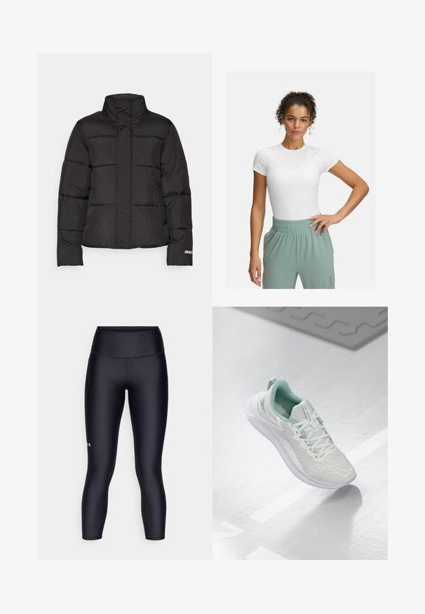 Czarna kurtka puchowa z wysokim kołnierzem, przeszywanymi panelami, dwiema przednimi kieszeniami oraz białym akcentem logo na rękawie.; Biała dopasowana koszulka z krótkimi rękawami, w połączeniu z jasnzielonymi spodniami na elastycznym pasie. Gładka tekstura, minimalistyczny design i brak widocznych wzorów.; Czarne legginsy wykonane z gładkiego, elastycznego materiału. Wysoki stan, dopasowany krój oraz małe logo na lewej nodze.; Jasnoszare buty sportowe z teksturowaną dzianiną, miętowymi akcentami, białymi sznurowadłami, gumową podeszwą i uchwytem na pięcie.