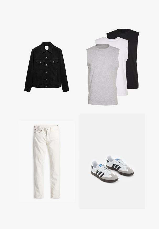 Musta farkkutakki, jossa on muotoiltu kaulus, etunappikiinnitys, kaksinkertaiset rintataskut läppineen ja hopeanväriset yksityiskohdat.; Kolme ilmanhihaista t-paitaa harmaana, valkoisena ja mustana. Pehmeä puuvillakangas, pyöreä pääntie ja rento malli. Yksinkertainen muotoilu, ei kuvioita.; Valkoiset farkut suoralla leikkauksella, viidellä taskulla, kuparinapit ja niitit sekä hienovaraisesti teksturoitu kangas. Ei näkyviä kuvioita.; Urheilukengät, joissa on valkoinen nahkainen päällinen, harmaa mokkanokka ja kolme mustaa raitaa. Ominaisuuksina sininen logo kielekkeessä ja kuvioitu kumipohja.