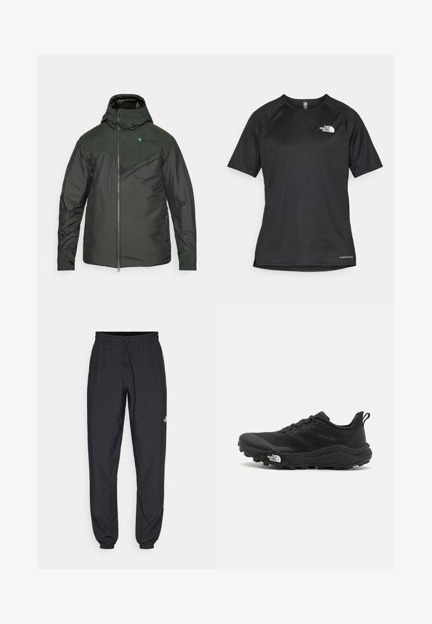 Tamsiai žalia apšiltinta striukė su kapišonu, turinti užtrauktuko priekį, ištekstūruotą krūtinės plotą ir kontrastingus akcentus ant pečių bei logotipo.; Juoda trumpa rankovė atletinė marškinė, pagaminta iš tekstūruotos medžiagos, su baltu logotipu kairėje krūtinės pusėje ir tiesiu apdailos kraštu.; Juodos sportinės kelnės, pagamintos iš lengvos medžiagos, su raišteliu liemens srityje, šoniniais kišenėmis ir siaurėjantys apykaklės prie kulkšnies.; Juoda bėgimo batai su tekstūruotu paviršiumi, guma padais ir sustiprinta pirštų dalimi. Yra paminkštinta apykaklė ir kilpos, leidžiančios lengvai užsidėti.