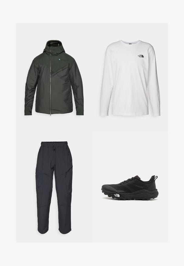 Dunkelgrüne gefütterte Jacke mit Kapuze, ausgestattet mit einem Reißverschluss vorne, strukturiertem Brustbereich und kontrastierenden Akzenten an den Schultern und dem Logo.; Weißes langärmliges T-Shirt aus Baumwolle mit Rundhalsausschnitt. Verfügt über ein kleines schwarzes Logo auf der Brust. Glatte Textur, reguläre Passform.; Schwarze Cargo-Hosen aus leichtem, wasserabweisendem Material; verfügen über einen elastischen Bund, mehrere Reißverschlusstaschen und schmal zulaufende Beine.; Schwarzer Trailrunning-Schuh mit strukturiertem Obermaterial, Gummisohle und verstärkter Zehenkappe. Verfügt über einen gepolsterten Kragen und eine Ziehlasche für einfaches Anziehen.