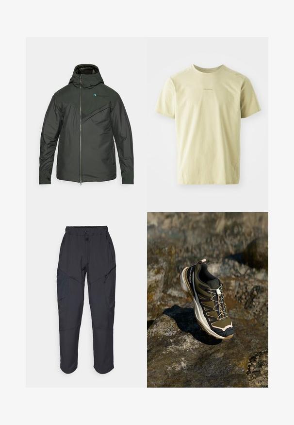 Tumši zaļš pildīts samta apģērbs ar kapuci, ar rāvējslēdzēju priekšpusē, teksturētu krūšu paneļa un kontrastējošiem akcentiem uz pleciem un logo.; Salomon TRACKLINE TEE - Sporta krekli - gray green; Melnas kravas bikses, izgatavotas no viegla, ūdens izturīga materiāla; ar elastīgu jostasvietu, vairākiem kabatām ar rāvējslēdzējiem un sašaurinātiem ievedumiem.; Tūrisma apavi olīvzaļā un melnā krāsā ar rozā akcentiem. Iespējas ietver teksturētu virsu, elastīgu zoli, pastiprinātu purngalu un krāsainu šņorējuma sistēmu.