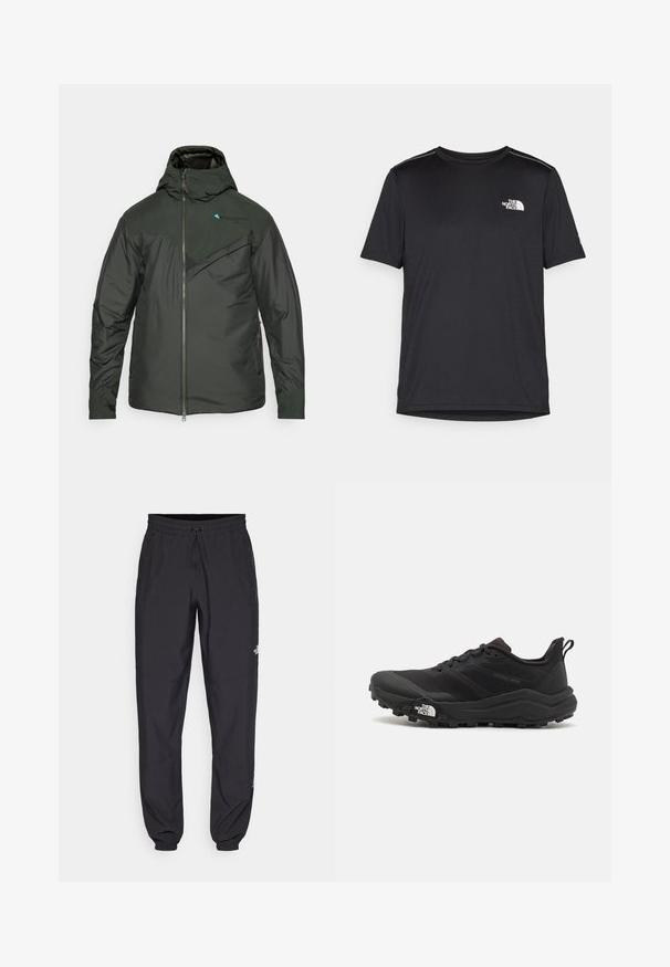 Dark green padded jacket with a hood, featuring a zippered front, textured chest panel, and contrasting accents on the shoulders and logo.; Black short-sleeve T-shirt made from lightweight fabric. Features a small white logo on the left chest and subtle shoulder accents.; Black athletic pants made from lightweight fabric, featuring a drawstring waistband, side pockets, and tapered cuffs at the ankles.; Black trail running shoe with a textured upper, rubber sole, and reinforced toe cap. Features a padded collar and pull tab for easy wear.