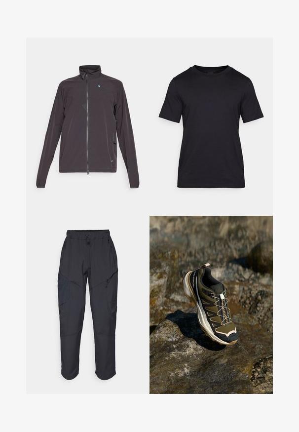 Tummanharmaa takki, jossa on korkea kaulus, pitkät hihat, etuvetoketjusuljin ja sininen kolmion muotoinen yksityiskohta rinnassa. Sisältää sivutaskut.; Mustat T-paidat, jotka on valmistettu sileästä kankaasta, jossa on pyöreä kaula-aukko ja lyhyet hihat. Huomaamaton brändäys painettuna mustana rintaan.; Mustat cargo-housut, jotka on valmistettu kevyestä, vettä hylkivästä materiaalista; niissä on joustava vyötärö, useita vetoketjullisia taskuja ja kapenevat lahkeet.; Vaelluskengät oliivinvihreänä ja mustana, pinkeillä yksityiskohdilla. Ominaisuuksiin kuuluu teksturoitu yläosa, joustava pohja, vahvistettu varvasosa ja värikäs nauhoitusjärjestelmä.