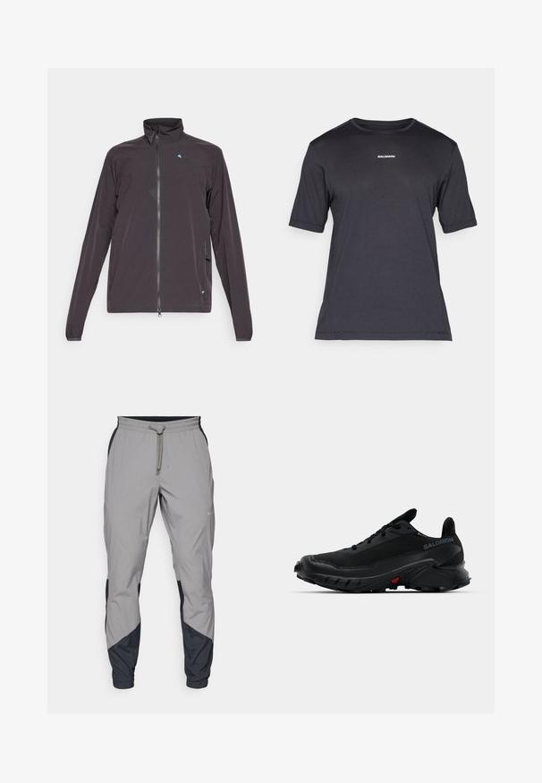 Tumehall särk, millel on kõrge krae, pikad varrukad, ees luku sulgemine ja sinine kolmnurkne aktsent rinnal. Omab küljetaskuid.; Must have musträtik lühikeste varrukatega, valmistatud hingavast kangast, ümar kaelus ja rinnal väike valge "SALOMON" logo.; Kergedatud hallid sportlikud püksid mustade aktsentidega. Elastne vöökoht, stringiga sulgemine, kitsenev jala disain ja küljetaskud.; Mustad mustes spordijalatsid tekstureeritud pealmise osaga, ümarate varvastega ja silmapaistva kummise alusega. Küljel on logo ning tallal punased detailid.