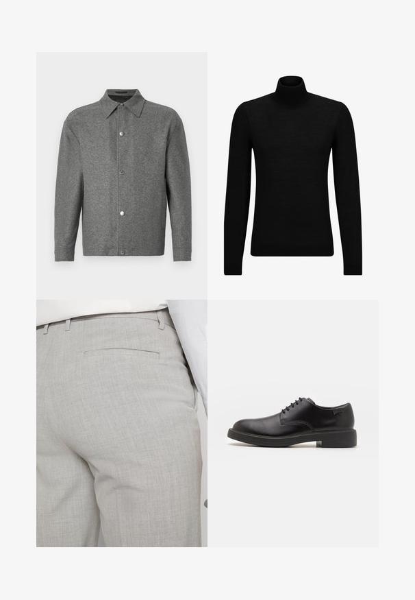 Grey long-sleeve button-up jacket with a pointed collar and metal snap buttons down the front, displayed on a white background.; Black turtleneck sweater made of soft material, featuring long sleeves and a snug fit. Ribbed trim at the hem and cuffs. Simple design.; Light gray tailored trousers made of textured fabric, featuring a single back pocket and clean stitching.; Black leather lace-up shoe with a rounded toe, smooth texture, minimal stitching, and a low rubber heel. Logo on the heel.
