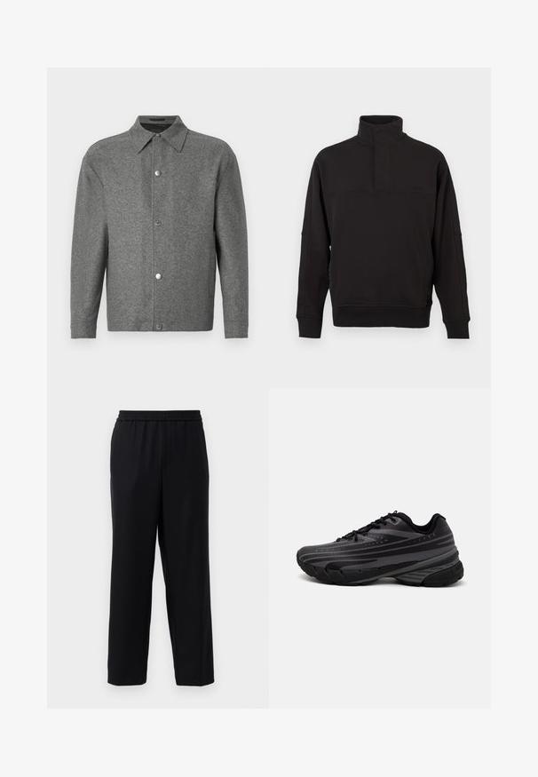 Harmaa pitkähihaisilla nappikaulus takki, jossa on terävä kaulus ja metallipainikkeet edessä, esillä valkoista taustaa vasten.; Musta collegepaita, joka on valmistettu pehmeästä puuvillasekoitteesta ja jossa on korkea kaulus napituksella, ribbireunat ja rento istuvuus.; Mustat housut, joissa on joustava vyötärö, suora lahje ja sileä, kevyesti materiaali. Ei näkyviä taskuja tai kuvioita.; Mustat juoksukengät, joissa on tekstuuri päällä ja harmaat raidat. Paksu pohja pehmustetta varten, pyöreä varvasosa ja tasaiset nauhat turvallista istuvuutta varten.