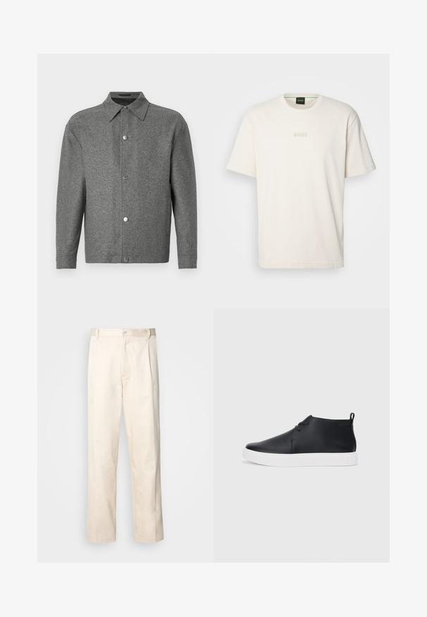 Pilkas ilgomis rankovėmis mygtukinis švarkas su smailiu apykakle ir metaliniais snapų mygtukais priekyje, rodomas ant baltos fono.; BOSS TEE - Paprasti marškinėliai - open white; Bežinės medvilninės kelnės su tiesiu kirpimu, turinčios mygtuko uždarymą ir priekyje raukšles papildomai dekoratyviam akcentui.; Juodi odiniai aukšti sportbačiai su lygia apdaila, balta guma padu ir paprastu raištelių dizainu. Gale yra įtempimo juostelė.