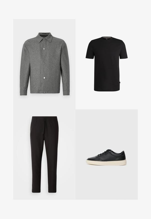 Šedá dlouhá košile s knoflíky a cípatým límcem, s kovovými druky vpředu, vystavená na bílém pozadí.; Černé tričko s krátkým rukávem vyrobené z hladké bavlny s kulatým výstřihem. Obsahuje subtílní značkovou etiketu na levé straně blízko lemu.; Černé teplákové kalhoty vyrobené z hladké látky. Mají elastický pas se šňůrkou, zúžené nohavice a žádné viditelné kapsy. Jednoduchý design.; Černé kožené nízké tenisky s černými tkaničkami a slonovinovou podešví, zobrazené v bočním profilu na bílém pozadí.