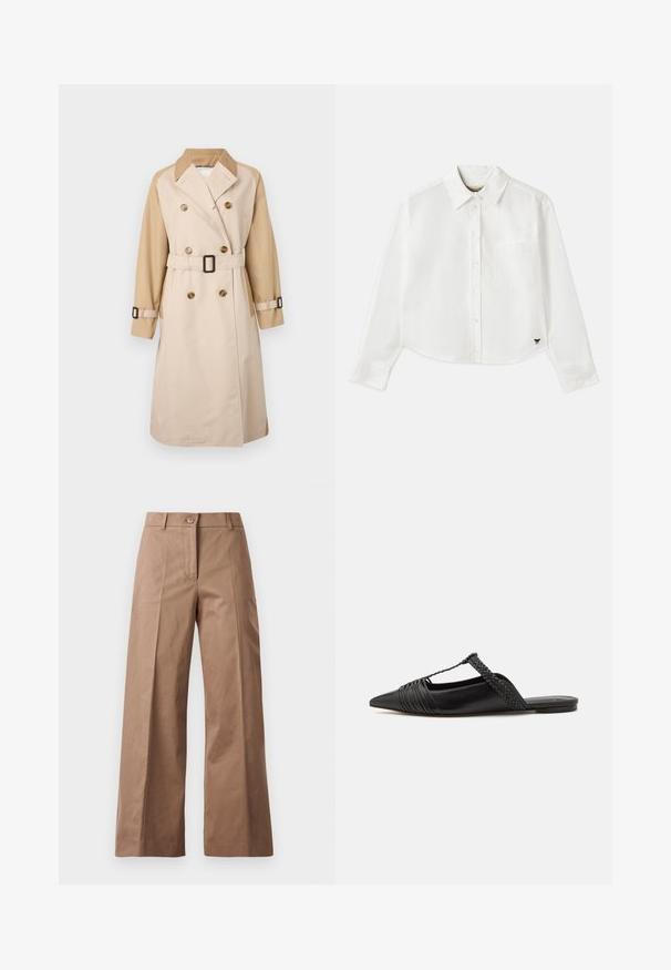 Beige trench coat with contrast tan sleeves, double-breasted design, belt at waist, and large buttons. Smooth texture, classic silhouette.; White cropped long-sleeve shirt made of cotton. Features a button-up front, a chest pocket, and a small black logo on the bottom left.; Brown wide-leg trousers made from a smooth fabric, featuring a front button closure, two front pockets, and clean, tailored lines.; Black leather slingback shoe with a pointed toe, featuring a woven accent and pleated upper design. Flat sole with minimal hardware.