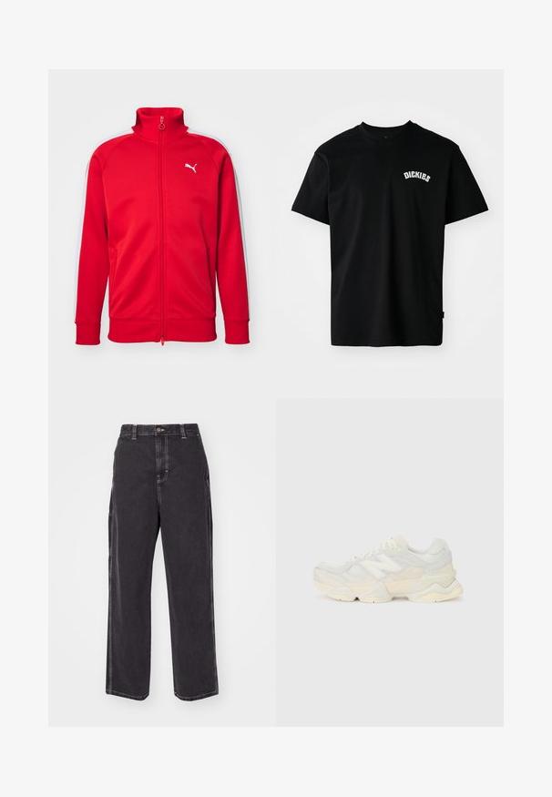 Sarkans sporta žakets ar augstu apkakli, baltiem sānu svītrām, ribotām piedurknēm un mazu baltu logotipu uz krūšu daļas. Gluda auduma tekstūra.; Melnas kokvilnas T-krekls ar īsām piedurknēm un apaļu kakla izgriezumu. Uz krūts ir balts izliektā formas logo "DICKIES". Vienkāršs dizains, bez rakstiem.; Melnas džinsu bikses ar brīvu piegriezumu, ar kontrastējošām baltām diega šuvēm un pogu aizdari. Taisna kāju piegriezums, bez papildu kabatām.; Vieglas sporta apavus ar sieta un zamšādas augšdaļu maigos krēma tonī, ar masīvu zoli un trīsdimensionāliem akcentiem.