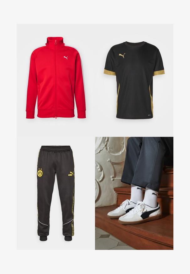 Rød zip-up træningsjakke med høj krave, hvide sidelister, ribbede manchetter og et lille hvidt logo på brystet. Glat stofstruktur.; Sort sports T-shirt med gyldne detaljer på ærmerne og siden. Den har rund hals, korte ærmer og svedtransporterende DRYCELL-stof.; Sorte træningsbukser med gule Borussia Dortmund BVB 09 og Puma King logoer, elastisk talje, og mønstrede gule side-striber.; Puma sneakers i hvid og sort ruskind med en brun gummisål. Bæres med hvide sokker med et sort logo og mørke bukser.