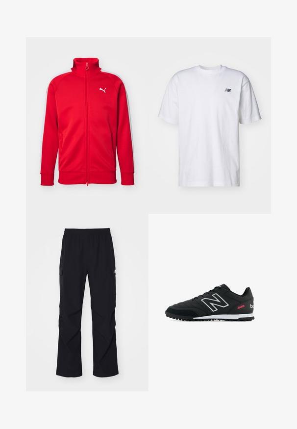 Red zip-up track jacket with a high collar, white side stripes, ribbed cuffs, and a small white logo on the chest. Smooth fabric texture.; White short-sleeve crew neck T-shirt with small black New Balance logo on left chest against a plain background.; Black cargo pants made of lightweight material, featuring an elastic waistband, side pockets, and a straight leg design.; Black athletic shoe with a textured leather upper, silver logo, white midsole, and black rubber tread. Features pink accents and laces.