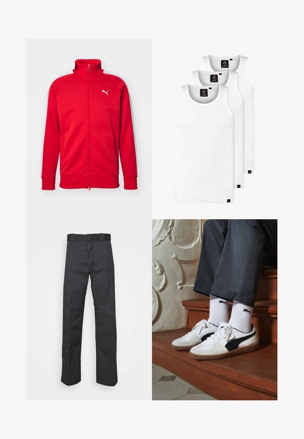 Roter Zip-Up-Trackjacke mit hohem Kragen, weißen Seitenstreifen, gerippten Bündchen und einem kleinen weißen Logo auf der Brust. Glatte Stoffqualität.; Drei weiße, gerippte Tanktops aus Baumwolle. Merkmale einen Rundhalsausschnitt und kleine schwarze Etiketten am Saum. In mehreren Größen erhältlich.; Schwarze Hose aus strapazierfähigem Material, mit geradem Bein, einem Bund mit Gürtelschlaufen und Nähten für zusätzlichen Textur.; Puma-Sneaker aus weißem und schwarzem Wildleder mit einer braunen Gummisohle. Kombiniert mit weißen Socken, die ein schwarzes Logo zeigen, getragen zu dunklen Hosen.