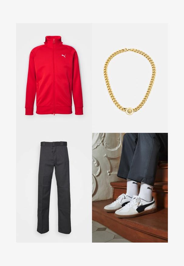 Červená sportovní bunda na zip s vysokým límcem, bílými postranními pruhy, žebrovanými manžetami a malým bílým logem na hrudi. Hladká textilní struktura.; Bílá polo tričko s krátkým rukávem vyrobené z bavlny, s kulatým výstřihem a hladkou texturou, se rovnými liniemi a bez vzorů.; Černé kalhoty vyrobené z odolné látky, s rovnými nohavicemi, pasem s poutky na opasek a švy pro větší texturu.; Puma tenisky v bílé a černé semišové úpravě, s hnědou gumovou podrážkou. Kombinované s bílými ponožkami, na kterých je černé logo, nošeny s tmavými kalhotami.; Zlatý řetězový náhrdelník s velkými propletenými články, zdobený kruhovým přívěskem se zvýšeným emblémem uprostřed.