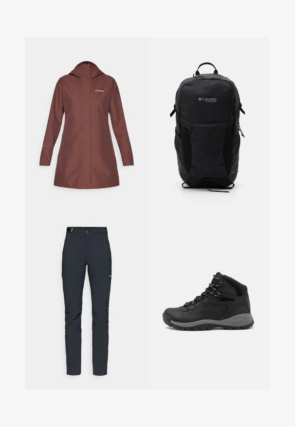 Burgunderfarget vanntett jakke med hette, lange ermer og rett snitt. Har et merke på øvre venstre bryst og sømdetaljer.; Svart Columbia t-skjorte med hvit sirkulær fjell- og elvlinjekunst og tekst "Columbia Sportswear Company Outside Since 1938."; Herre utendørsbukser, mørkegrå, laget av fleksibelt materiale, med belte, glidelåslommer og forsterkede sømmer.; Sorte turstøvler med mid-topp design, som har en teksturert overdel, grå detaljer og slitesterk gummisåle med godt grep.; Svart Columbia Titanium ryggsekk med en glatt stoffoverflate, sidelommer, topphåndtak og justerbare stropper. Minimalistisk design med subtil merkevare.