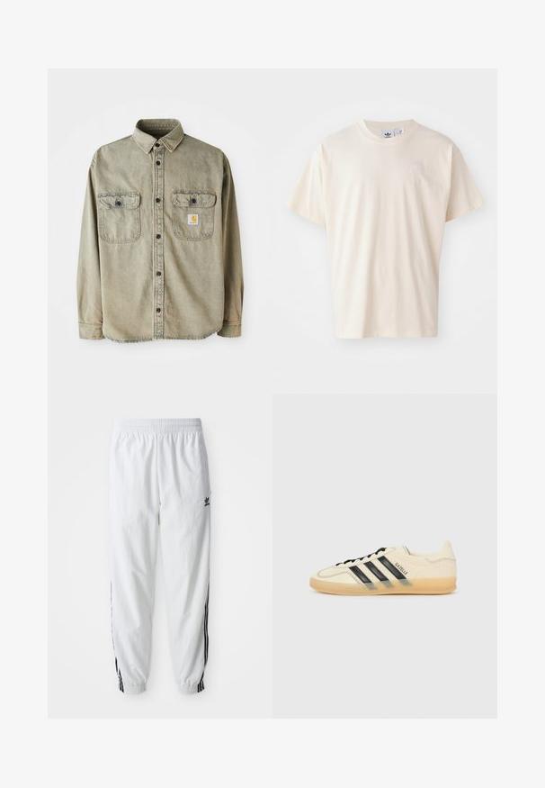 Camisa de manga longa em algodão verde oliva desbotado. Possui dois bolsos no peito, botões pretos e um rótulo estampado no bolso esquerdo.; T-shirt de algodão creme com decote redondo e mangas curtas; apresenta um pequeno logotipo de cor clara no peito.; Calças de treino brancas com riscas laterais pretas, cintura elástica e punhos; apresenta o logotipo da Adidas na coxa esquerda. Textura de tecido suave.; Sapatilhas de creme claro com design de três riscas pretas, parte superior texturizada, bico redondo e sola de borracha. Apresenta atacadores e uma marca na lateral.