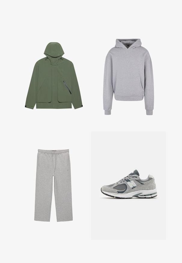 Zelena vodootporna jakna s kapuljačom, koja ima velike prednje džepove, bočni džep s patentnim zatvaračem i podesive vezice. Glatka tekstura.; Sivi pamučni dukserica s prednjim džepom, kapuljačom na vezanje te rebrastim manžetama i rubom. Ima mekan, teksturiran završetak.; Sive cotton hlače za opuštanje s elastičnim pojasom, vezicom i dva bočna džepa; ravni kroj, mekana tekstura, bez uzoraka.; Sivi tenisice izrađene od mrežastih i antilop materijala, s bijelim logotipom, podstavljenim okvirom i teksturiranom gumom potplatom. Akcenti u tamnijoj sivoj boji.