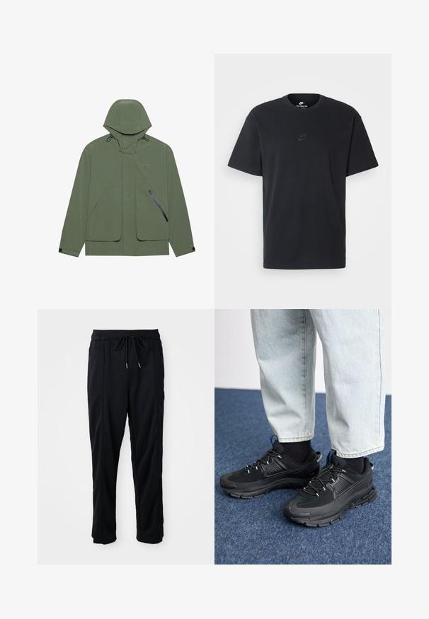 Geacă impermeabilă verde cu glugă, dotată cu buzunare frontale mari, un buzunar lateral cu fermoar și snururi ajustabile. Textură netedă.; Tricou din bumbac negru Nike, cu guler rotund clasic, mâneci scurte și un logo subtil embosat pe piept. Textură netedă.; Pantaloni casual negri cu șnur la talie, cu buzunare laterale și croială dreaptă, pe un fundal simplu.; Pantofi sport negri, cu țesătură texturată și tălpi din cauciuc, având șireturi elastice și un accent albastru pe toc. Purtați cu pantaloni din denim deschis.