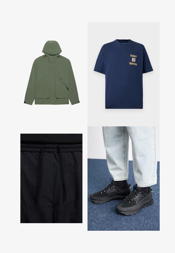 Zelena vodootporna jakna s kapuljačom, koja ima velike prednje džepove, bočni džep s patentnim zatvaračem i podesive vezice. Glatka tekstura.; Tamno plavi pamukasti majica s kratkim rukavima, s zlatnim natpisom "Carhartt University" i logotipom na lijevoj strani grudi.; Crne kratke hlače s pojasom na vezanje, lagani materijal s glatkom teksturom i jednostavan dizajn bez vidljivih logotipa ili uzoraka.; Crne atletske cipele s teksturiranom tkaninom i gumene potplate, s elastičnim vezicama i plavim akcentom na peti. Nosene su s svijetlim trapericama.
