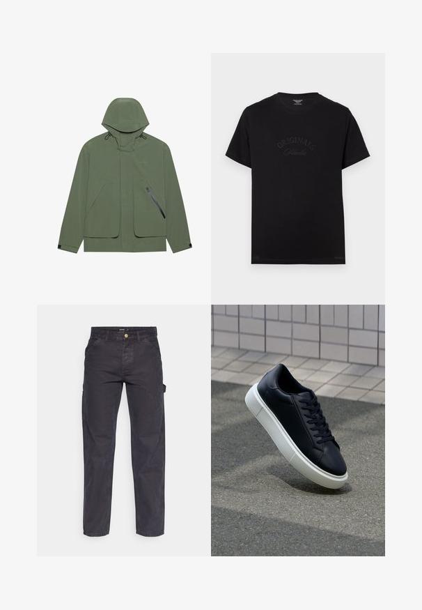 Giacca impermeabile verde con cappuccio, dotata di grandi tasche frontali, una tasca laterale con zip e cordini regolabili. Texture liscia.; T-shirt in cotone nero con maniche corte e scollatura rotonda. Presenta la scritta "ORIGINALS Studio" in rilievo con lettering tonale sul davanti.; Pantaloni cargo grigio scuro realizzati in tessuto resistente, con un taglio dritto, cinque tasche e chiusura a bottoni in vita.; Sneaker in pelle nera con punta arrotondata e suola in gomma bianca. Presenta lacci piatti e cuciture minime sulla parte superiore. Suola testurizzata per una migliore aderenza.