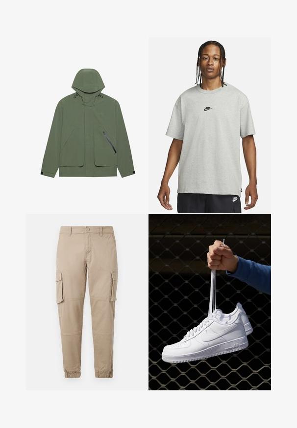 Zelena vodoodporna jakna s kapuco, ki ima velike sprednje žepe, zadrgo na stranskem žepu in nastavljive vrvice. Gladka tekstura.; Mlad človek z zasebnimi lasmi, oblečen v svetlo sivo majico Nike in črne kratke hlače Nike pred enostavno belo kuliso.; Bežne cargo hlače iz lahkega bombažnega materiala. Imajo elastične manšete, več stranskih žepov in gumbasto zapiranje.; Bela usnjena športna obutev s perforacijami, okroglo konico, ravnim podplatom in debelimi vezalkami, z vidnim logotipom smoosh in napisom "AIR" na peti.