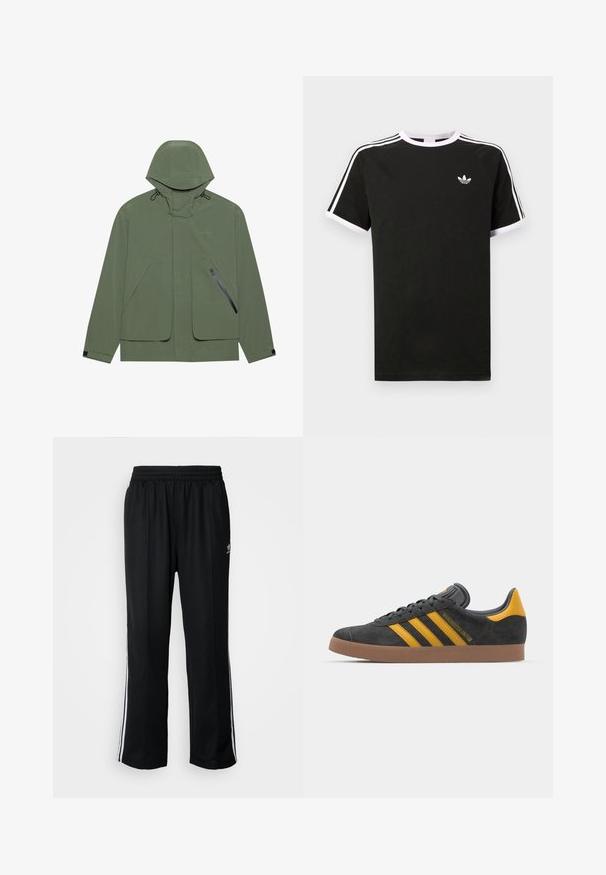 Grønn vanntett jakke med hette, som har store frontlommer, en glidelåslomme på siden, og justerbare snorstrammere. Jevn tekstur.; Svart t-skjorte laget av bomull med hvite detaljer. Har korte ermer, raglan-design og en liten logo på brystet. Tre hvite striper på skuldrene.; Sorte treningsbukser med elastisk midjebånd, med hvite sidestiper og en liten logo. Materialet ser mykt og lett ut.; Sort skinnesko i svart semsket skinn med gule detaljer, med tre striper og en brun gummisåle. Inkluderer en polstret tunge for komfort.