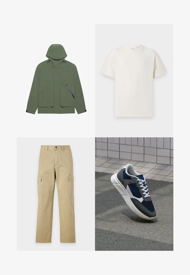 Zaļš ūdensnecaurlaidīgs mētelis ar kapuci, ar lielām priekšējām kabatām, ar rāvējslēdzēja sānu kabatu un regulējamiem auklām. Gluda tekstūra.; Balta krūštura īsām piedurknēm ar ribota auduma faktūru. Apaļš kakla izgriezums, brīvs griezums, bez redzamām rakstām vai akcentiem. Vienkāršs un daudzpusīgs dizains.; Beige kravas bikses no kokvilnas, kas aprīkotas ar divām sānu kabatām, pogu aizdari un taisnām kājām ar nedaudz teksturētu audumu.; Sporta apavi ar tumši zilas krāsas tīkla augšdaļu, pelēku zamšādas akcentiem, baltu gumijas zoli un plakaniem baltiem šņorēm, kas izstrādāti komfortam un elpojamībai.