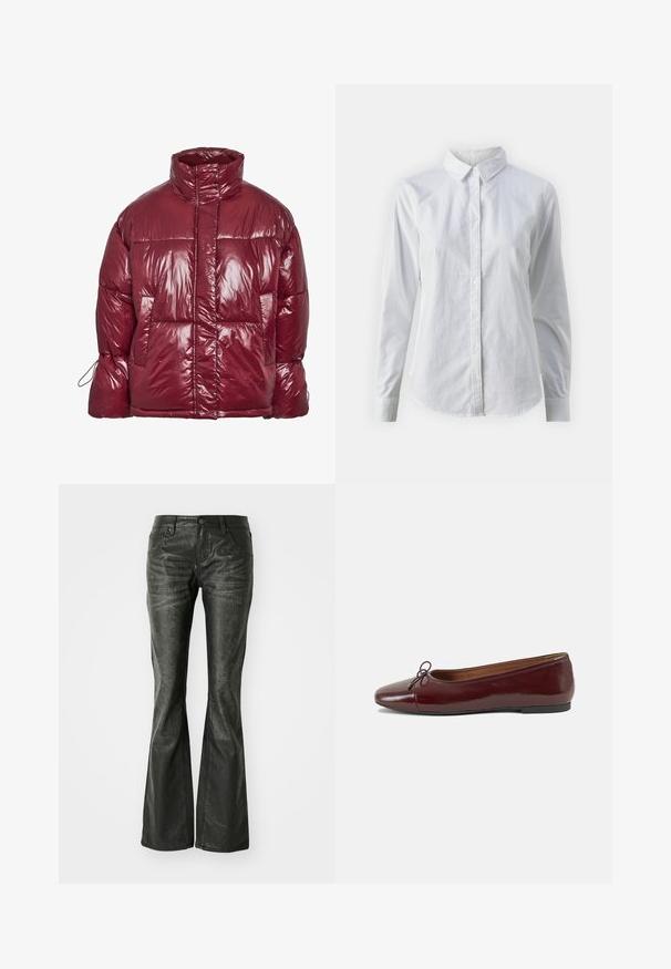 Blizganti tamsiai raudona pūkinė striukė su aukštu apykakliu, priekiniu kišenių, ilgomis rankovėmis ir šiek tiek per didelio dydžio siuvinėjimu.; Balta marškinėliai su mygtukais, pagaminti iš lygios medvilnės, su klasikiniais apykaklės, ilgomis rankovėmis ir lenktu kraštu. Mygtukai maži ir balti.; Juodos dirbtinės odos flared džinsai su priekinėmis kišenėmis, metaliniu mygtuko uždarymu ir šiek tiek tekstūruota paviršių. Tiesūs džinsai su ilgu kirpimu.; Bordo lakiotos odos baleto bateliai su apvalia nosimi, maža kaspinėlio akcentu priekyje ir žema juoda guma padanga. Lygi tekstūra.