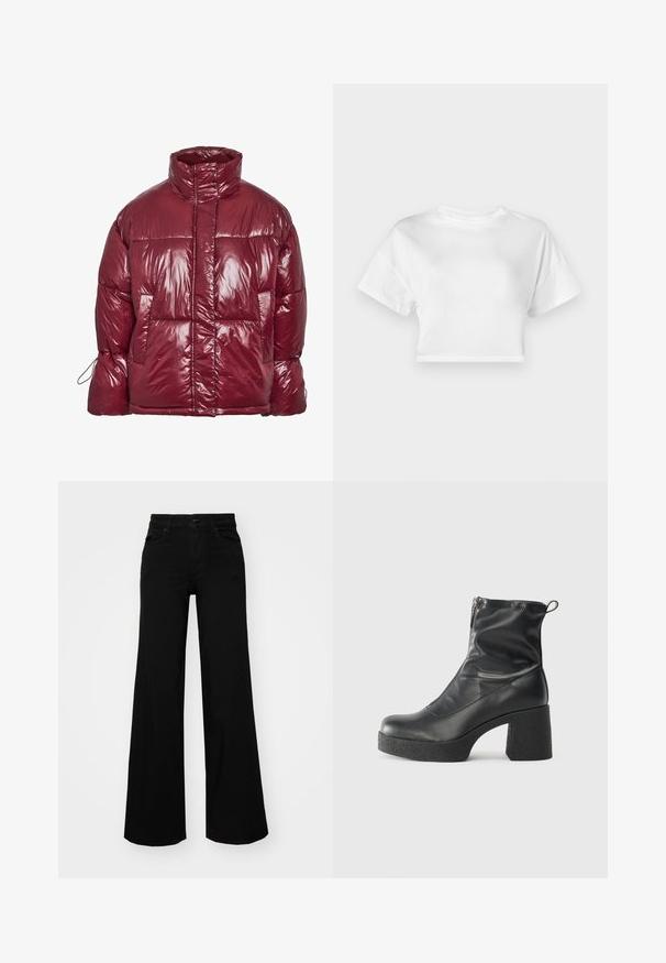 Noisy May NMALLIE SHINY PUFFER - Žieminė striukė - windsor wine; Balta trumpa medvilninė marškinėlių palaidinė. Trumpi rankovės, apvali iškirptė, lygus paviršius, kasdienis dizainas be raštų ar puošmenų.; Juodos plačios kelnės iš denimo, turinčios struktūruotą juosmenį, diržo kilpas ir priekines kišenes. Lygus paviršius su klasikinio dizaino elementais.; Juodos kulkšninių botai, pagaminti iš lygaus odos, su šoniniu užtrauktuku, masyviu tekstūruotu kulnu ir apvaliu pirštu.