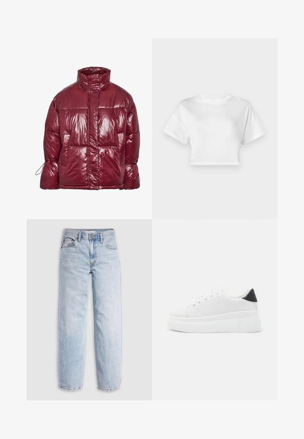 Casaco almofadado brilhante de cor vermelho-escuro com gola alta, bolsos frontais, mangas compridas e um design acolchoado ligeiramente oversized.; Camiseta cropped branca em algodão. Mangas curtas, decote redondo, textura suave, design casual sem padrões ou embellishments.; Calças de ganga azul claro com cintura alta, corte descontraído, pernas direitas e design clássico de cinco bolsos. Desbotamento e detalhes de costura visíveis.; Tênis plataforma brancos feitos de material sintético suave, apresentando ponta arredondada, design com cadarços e sola de borracha texturizada. Acento preto no calcanhar.
