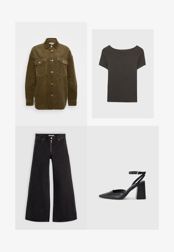 Giacca camicia in corduroy khaki con colletto, bottoni argentati e due tasche sul petto. Presenta una vestibilità comoda e una texture a coste.; Top corto grigio scuro con scollatura a barca. Realizzato in tessuto a costine, presenta una vestibilità rilassata e un orlo pulito. Design semplice, senza motivi.; Jeans a gamba larga in denim nero con chiusura a zip, design a cinque tasche e dettagli di cucitura sottili. Texture morbida e stile casual.; Pump in pelle nera con punta affusolata, cinturino alla caviglia e tacco spesso. Texture piatta, design elegante ed estetica minimalista.