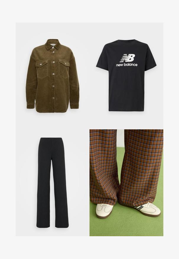 Khakifarbene Cordura-Hemdjacke mit Kragen, silbernen Knöpfen und zwei Brusttaschen. Sie hat eine lockere Passform und eine gerippte Textur.; Schwarzes Baumwoll-T-Shirt mit einem weißen New Balance-Logo und Grafikdesign auf der Vorderseite. Kurze Ärmel und Rundhalsausschnitt.; Vero Moda Tall VMBERLIN MY WIDE - Stoffhose - obsidian/oatmeal; Braun und blaue Karohosen mit weitem Bein, kombiniert mit weißen Schuhen mit schwarzen Akzenten und strukturierten Sohlen, vor einem grünen Hintergrund.